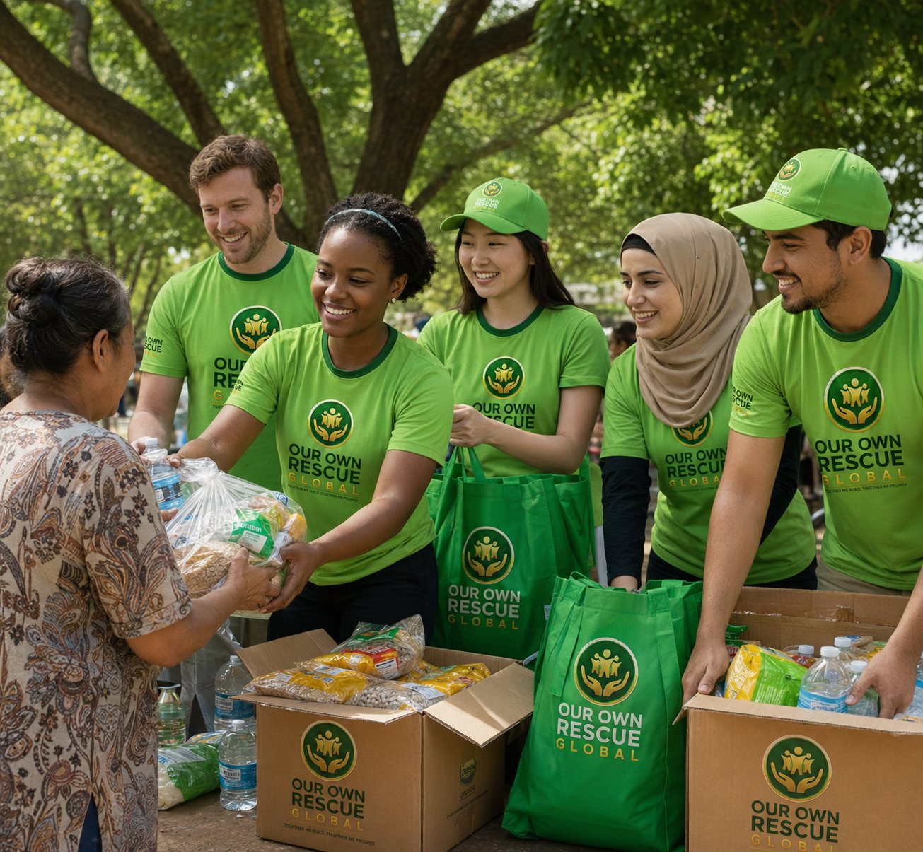 Volunteers handing food parcels to a community member
