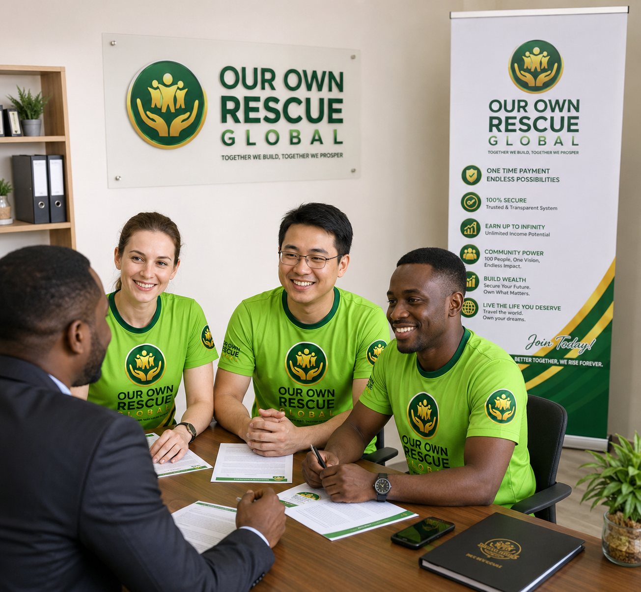 Team members meeting at the Our Own Rescue Global office