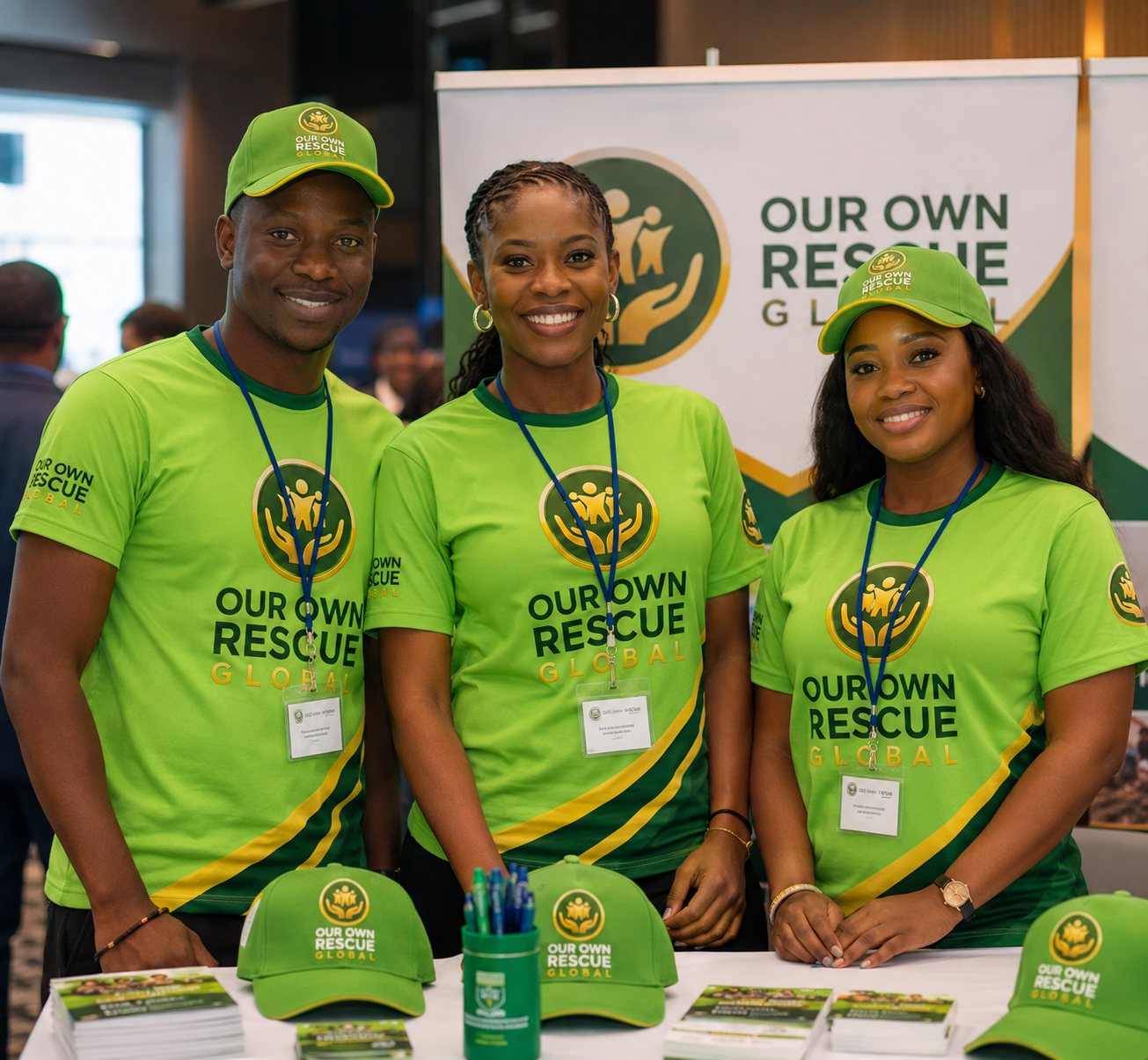 Members welcoming visitors at a registration desk
