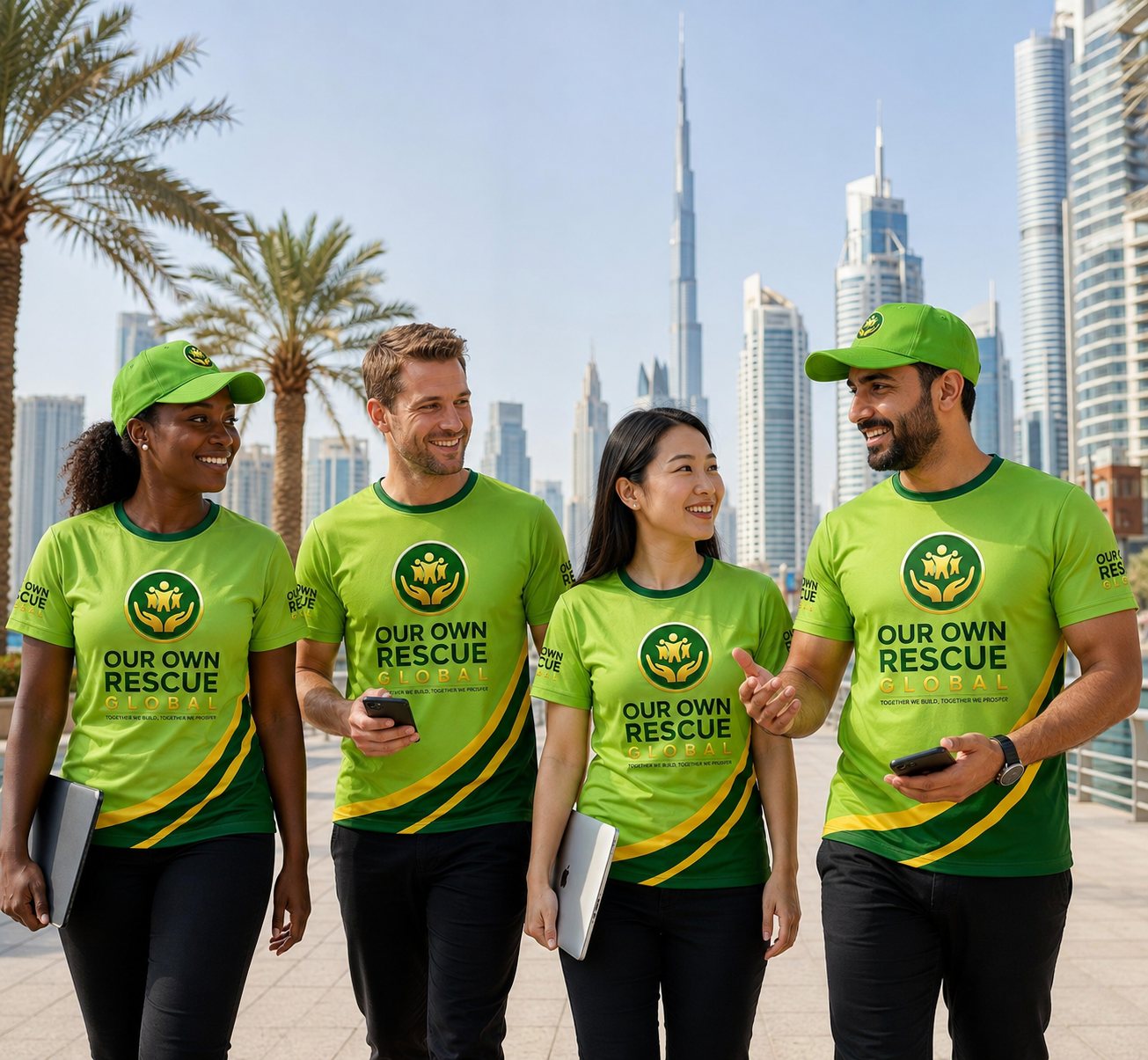 Members walking through a modern city skyline