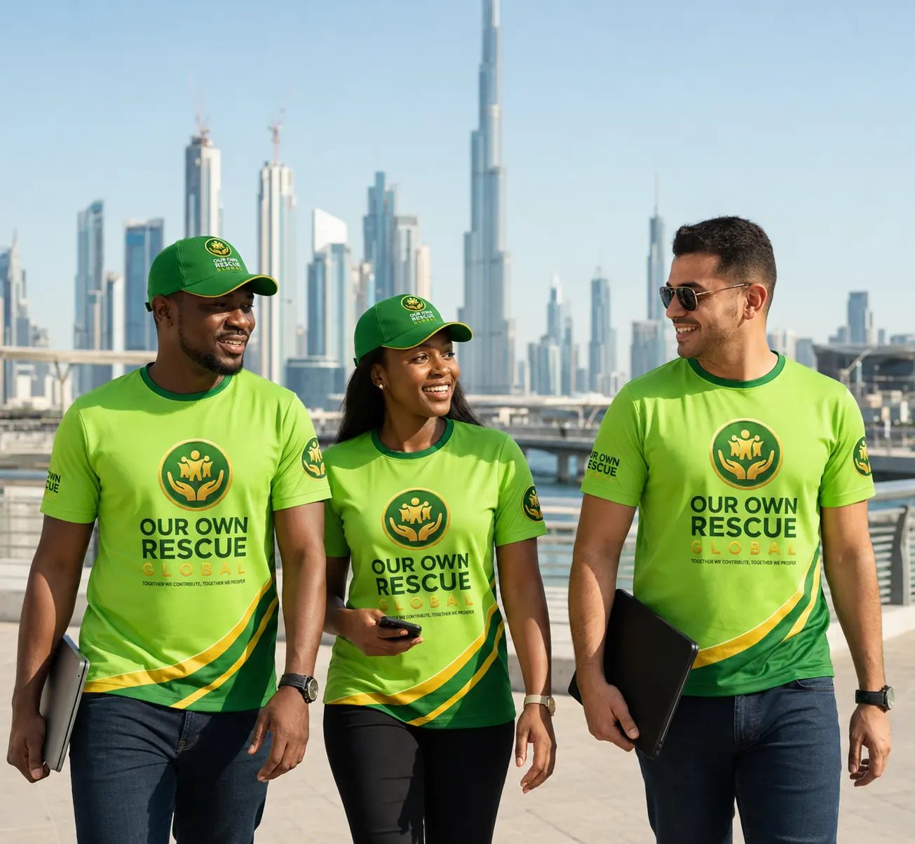 Members in branded shirts by the waterfront