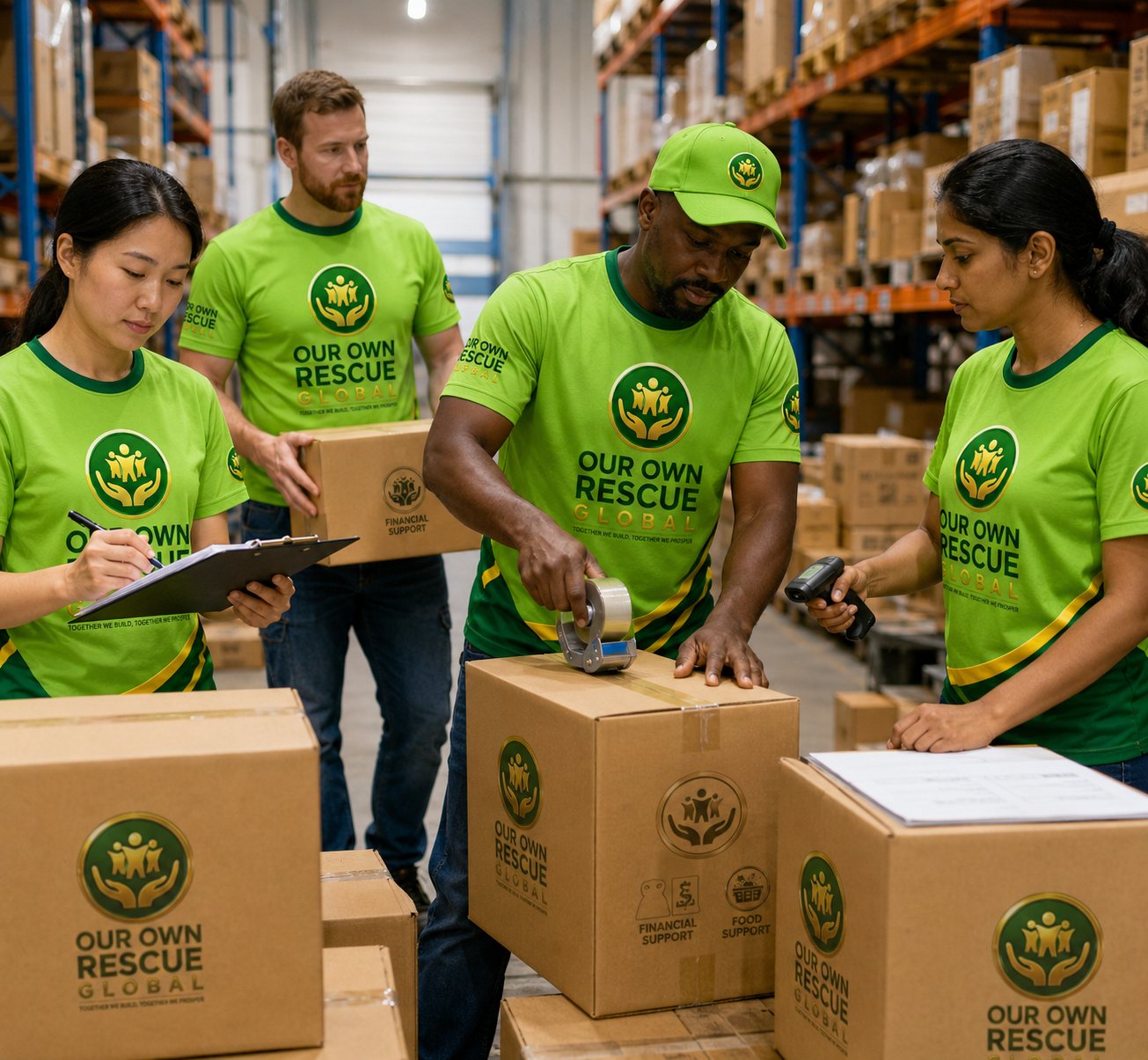 Team packing financial and food support boxes in a warehouse